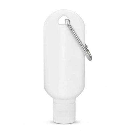 Set of 12 SPF30 carabiner sunscreen tubes, 50ml each, travel-friendly with no-mess flip cap, compact and convenient for outdoor use.