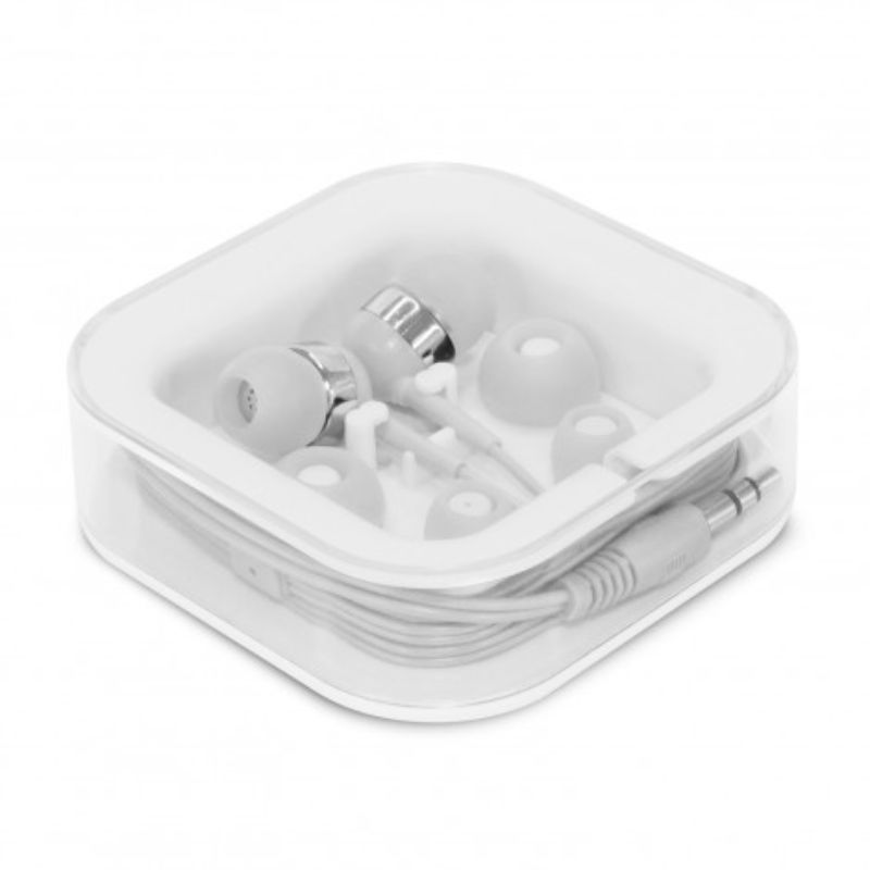 Set of 12 stylish white Helio Earbuds featuring three bud sizes, hands-free mic, and a smart carry case for easy transport.