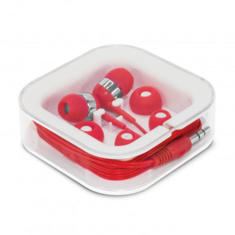 Vibrant Helio Red earbuds set of 12 with three bud sizes, built-in mic, and stylish carry case for great audio on the go.