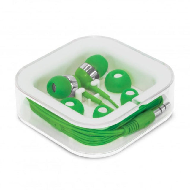 Set of 12 Helio Green earbuds with premium sound, three bud sizes, hands-free mic, and stylish carry case.
