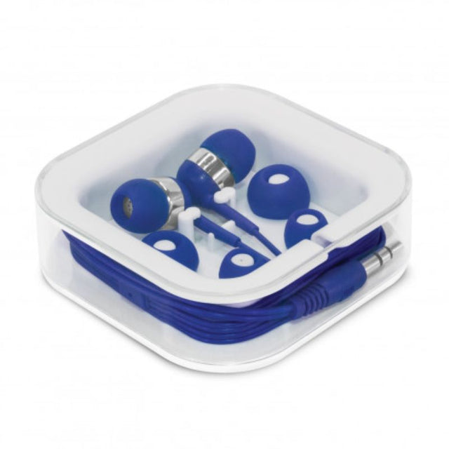 Helio Blue Earbuds set of 12 with customizable fit, hands-free mic, and stylish carry case for great sound on the go.