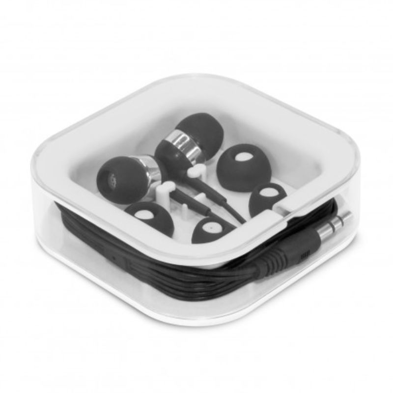 Set of 12 Helio Black earbuds featuring three bud sizes, hands-free mic, and sleek carry case for ultimate comfort and style.
