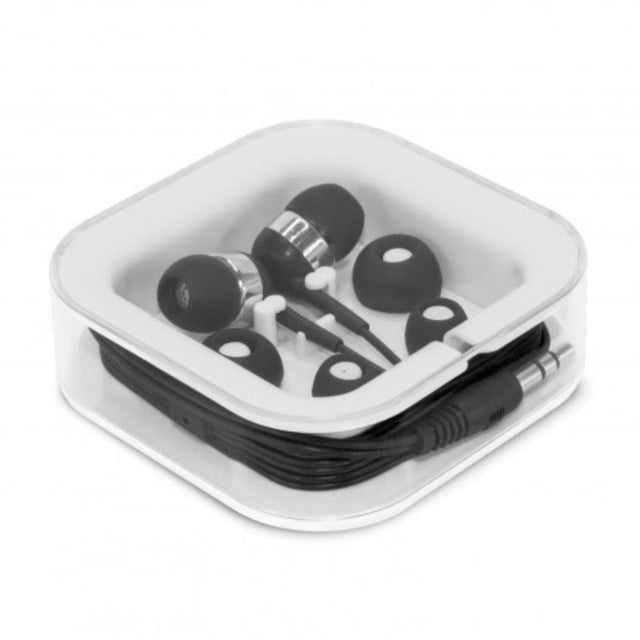 Set of 12 Helio Black earbuds featuring three bud sizes, hands-free mic, and sleek carry case for ultimate comfort and style.