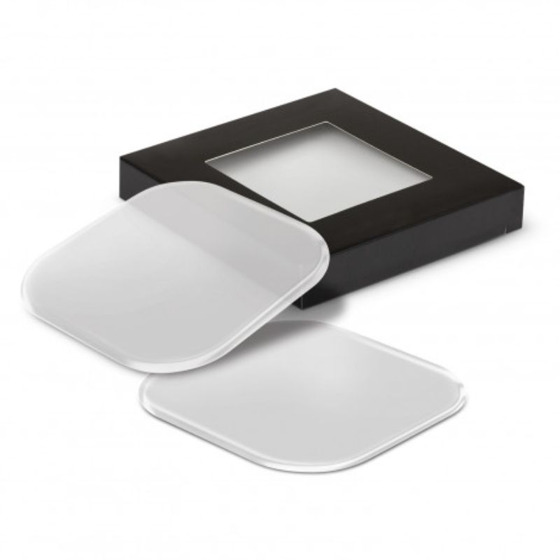 Set of 12 frosted clear coasters, each measuring 90mm, elegantly packaged for home decor and surface protection.