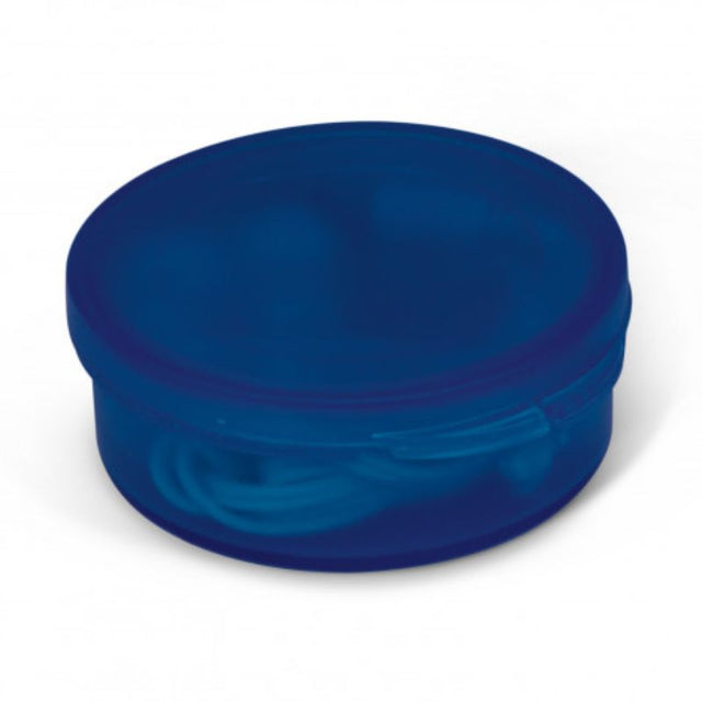 Set of 12 transparent blue earbuds in a compact carry case, offering superior sound quality and comfort for all listening needs.