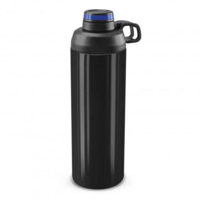 Set of 3 black stainless steel metal bottles with dark blue silicone bands, 900ml capacity, secure lids, and grip handles.