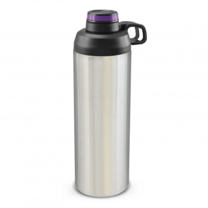Primo Silver and Purple Metal Bottle Set of 3, 900ml, with ergonomic grip, flip cap, and stylish design for eco-friendly hydration.