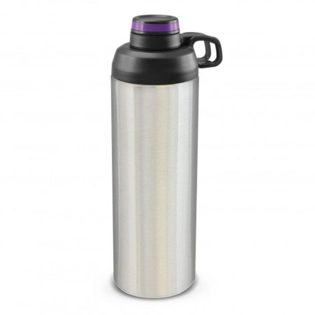 Primo Silver and Purple Metal Bottle Set of 3, 900ml, with ergonomic grip, flip cap, and stylish design for eco-friendly hydration.