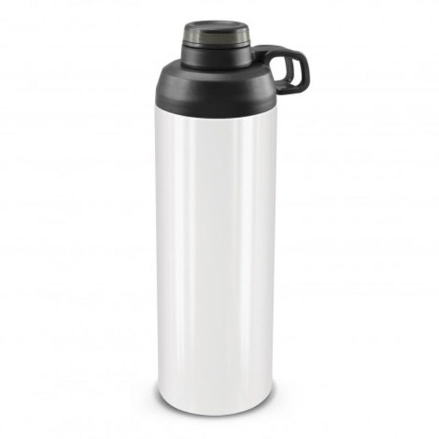 Three durable 900ml stainless steel bottles in white and black, featuring flip caps, handles, and silicone grips for easy transport.
