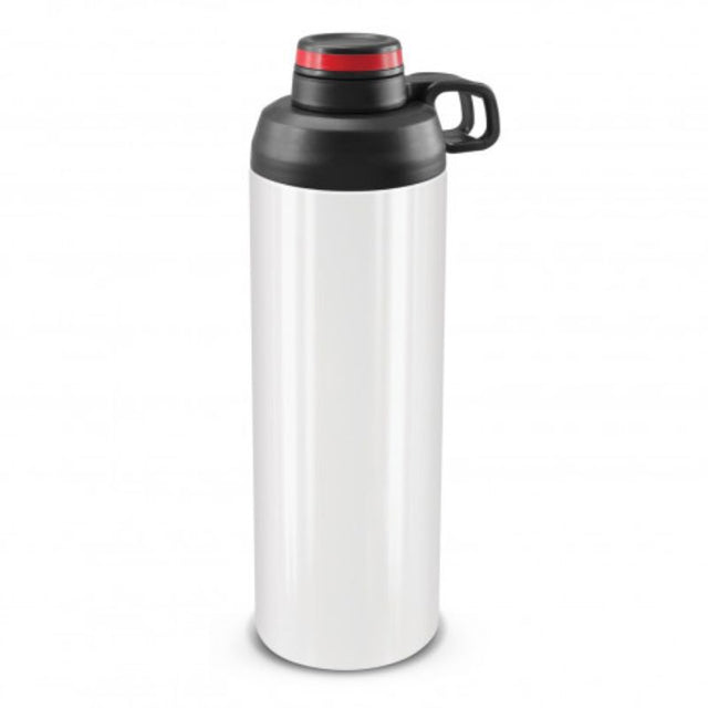 Set of 3 Primo metal bottles in white and red, featuring a secure lid, carry handle, and wide opening for added ice or fruit.