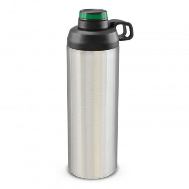 Set of 3 durable, BPA-free stainless steel bottles in silver and dark green, featuring screw-on lids and ergonomic handles.