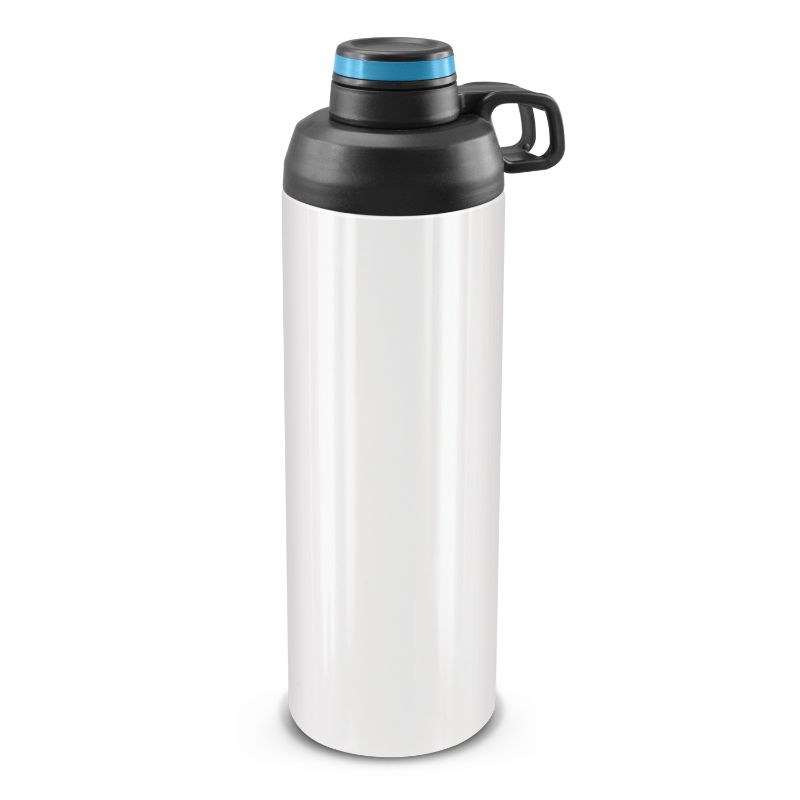 Set of 3 Primo metal bottles in white and light blue, 900ml, with secure screw-on lids and flip caps for hydration on-the-go.