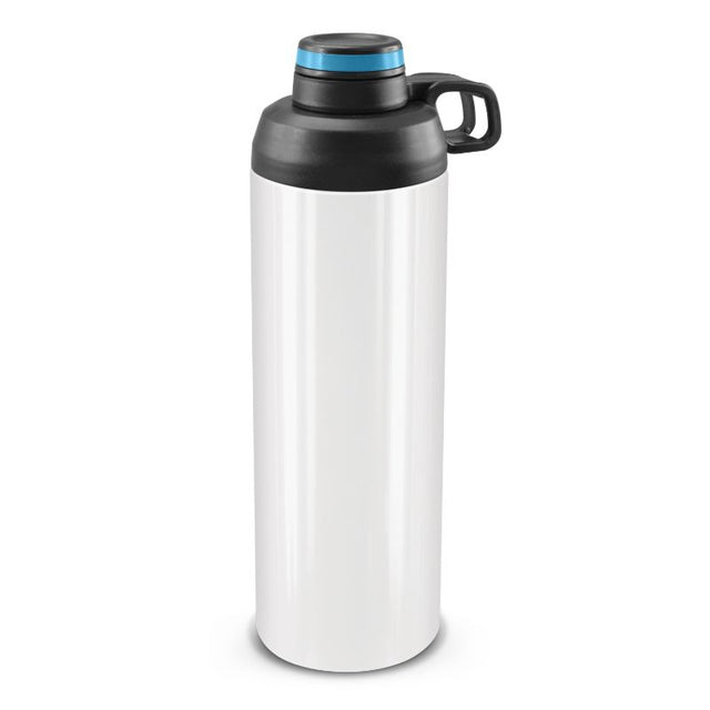 Set of 3 Primo metal bottles in white and light blue, 900ml, with secure screw-on lids and flip caps for hydration on-the-go.