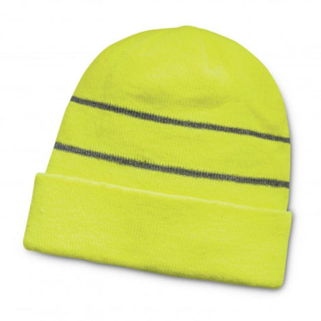 Hi-Vis Everest Yellow beanie set of 6, knitted for warmth and safety, featuring a roll-up cuff for a snug fit.