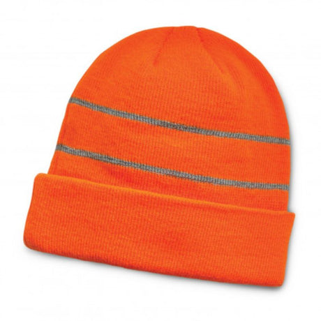 Set of 6 vibrant orange hi-vis beanies with roll-up cuffs, perfect for safety and warmth in low visibility conditions.