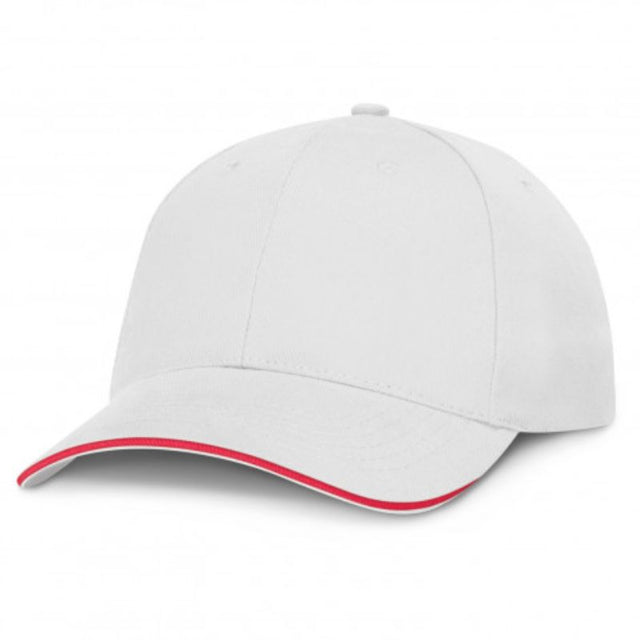 Set of 6 white and red structured caps made of brushed cotton, featuring embroidered eyelets and adjustable closures for comfort.