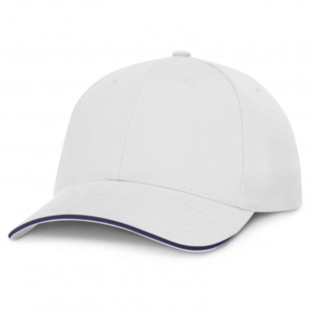 Set of 6 white and royal blue structured caps with embroidered eyelets and adjustable closures for teams or events.