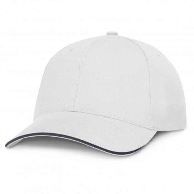 Stylish white and navy six-panel caps, made from heavy brushed cotton, perfect for comfort and versatility in any setting.
