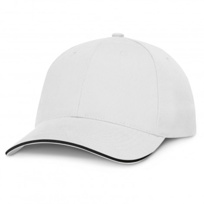 Set of 6 white/black structured caps with embroidered eyelets, pre-curved peak, sweatband, and adjustable buckle.