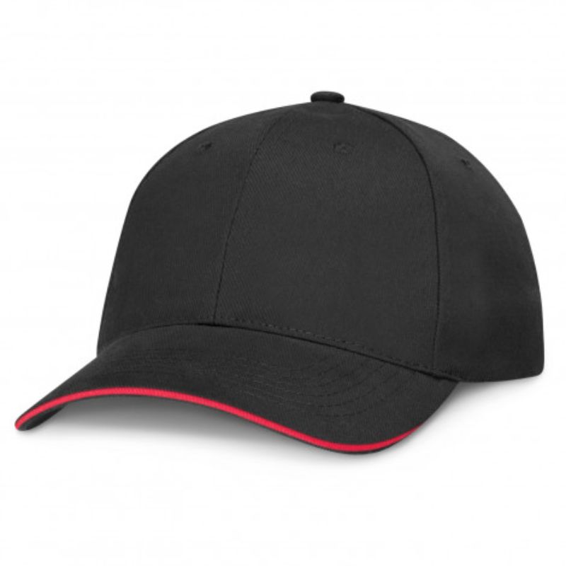 Set of 6 black/red Swift Caps with structured design, embroidered eyelets, and adjustable chrome buckle for comfort and style.