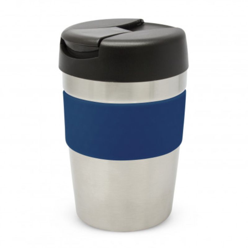 Java Vacuum Cup 340ml in Silver/Black/Dark Blue; stylish insulated stainless steel keeps drinks hot for 3 hours, BPA-free.