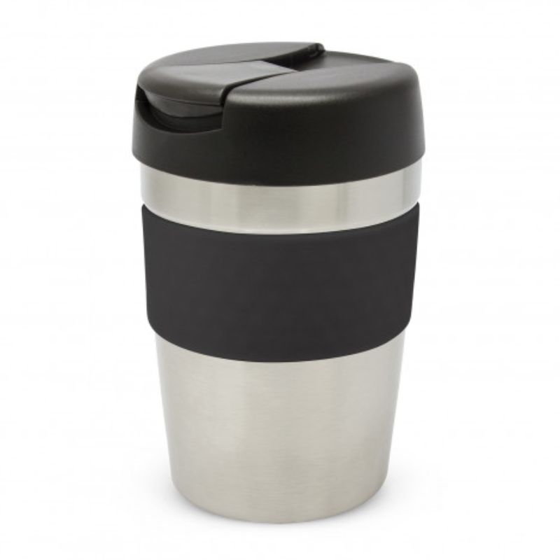 Java Vacuum Cup in silver and black, 340ml, keeps drinks hot for 3 hours with a secure lid and soft-touch grip.