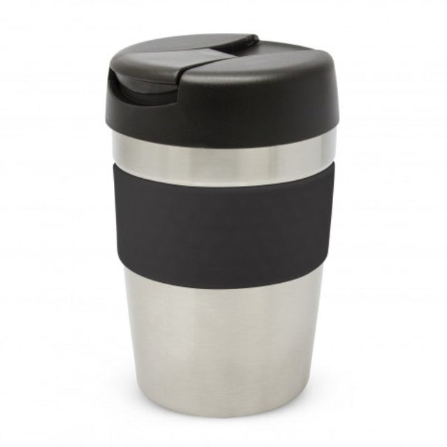 Java Vacuum Cup in silver and black, 340ml, keeps drinks hot for 3 hours with a secure lid and soft-touch grip.