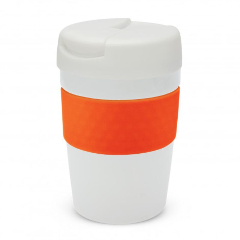 Java Vacuum Cup in white with orange accents, 340ml stainless steel, keeps drinks hot, features silicone band and splashproof lid.