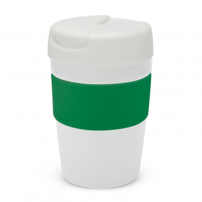 Java Vacuum Cup in white and dark green, 340ml, double wall insulation for hot drinks, soft-touch band, splashproof lid.