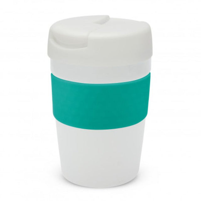White and teal 340ml Java Vacuum Cup with double wall insulation, splashproof lid, and soft-touch silicone band.