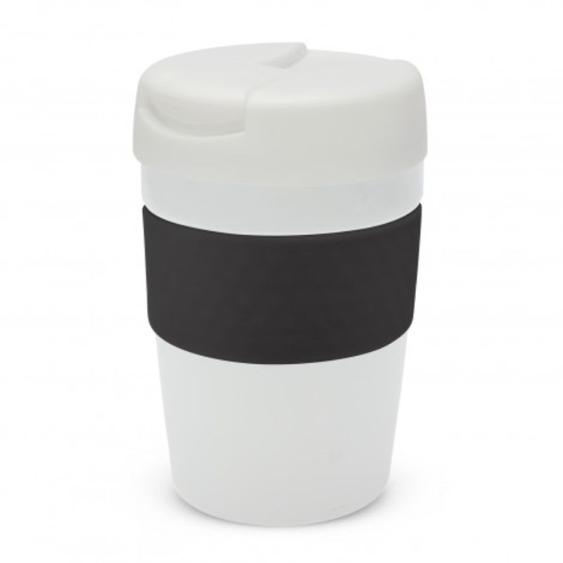 Java Vacuum Cup - 340ml in white and black, double wall insulated for hot drinks, with secure lid and soft-touch grip.