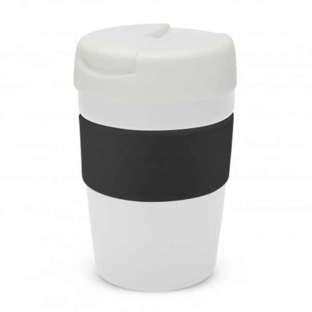Java Vacuum Cup - 340ml in white and black, double wall insulated for hot drinks, with secure lid and soft-touch grip.