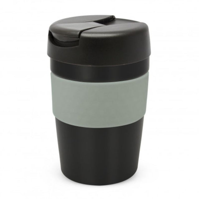 Java Vacuum Cup 340ml in black and grey, featuring double wall insulation, splashproof lid, and a soft-touch band.