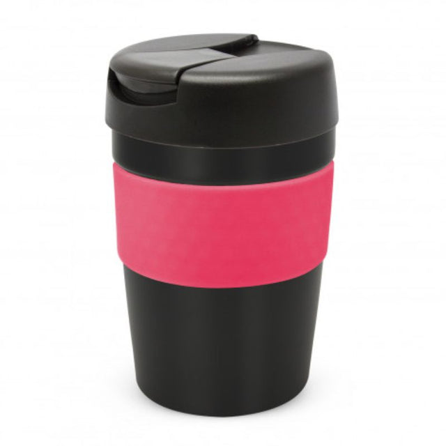 Java Vacuum Cup in black and pink; 340ml double-wall insulated mug with soft-touch band and splash-proof lid.