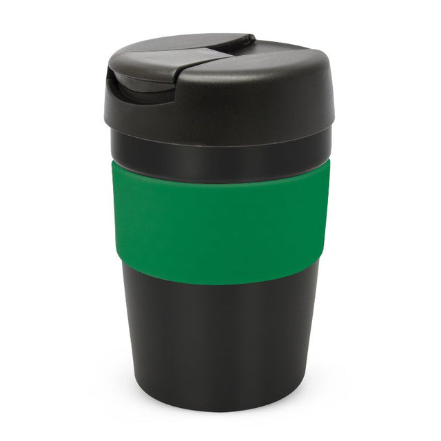 Java Vacuum Cup in Black and Dark Green, 340ml, vacuum insulated, keeps drinks hot, with a soft-touch grip and splashproof lid.