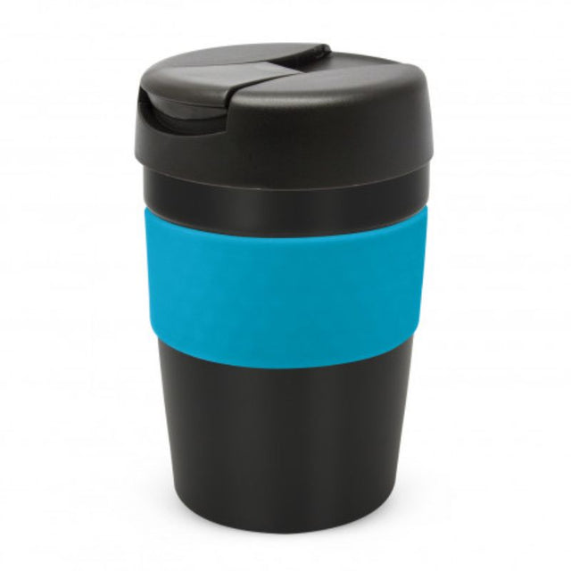 Java Vacuum Cup in Black and Light Blue, 340ml; double wall stainless steel, keeps drinks hot for 3 hours, splashproof lid.