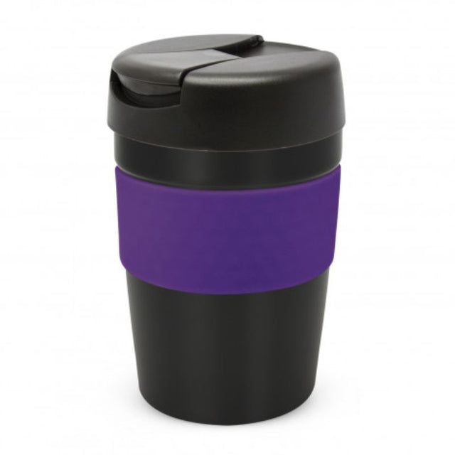 Java Vacuum Cup in Black/Purple, 340ml, double wall, vacuum insulated for hot drinks, with a silicone band and flip lid.