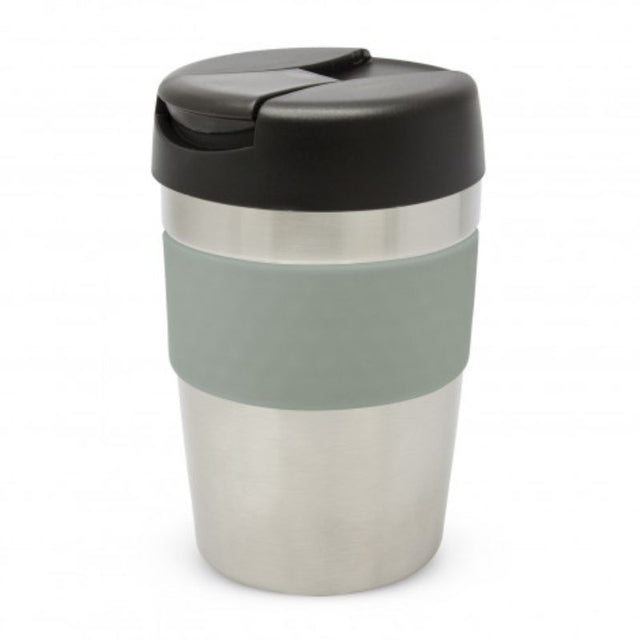 Java Vacuum Cup - 340ml in silver, black, and grey; sleek, insulated design keeps drinks hot for 3 hours, features soft-touch band.