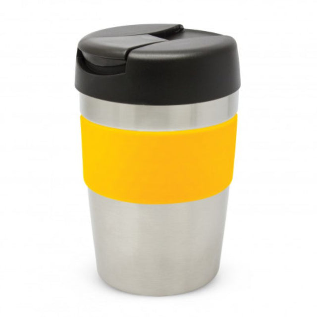 Silver and black vacuum insulated Java Cup with yellow silicone band, 340ml capacity, keeps drinks hot for 3 hours.