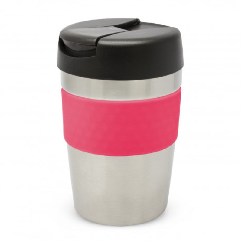 Java Vacuum Cup - 340ml in silver, black, and pink; features double wall insulation and a secure lid for on-the-go beverages.