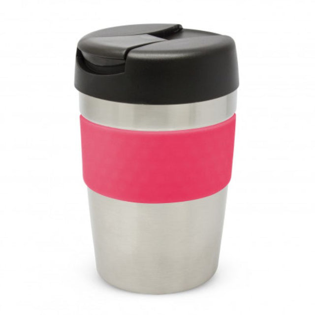 Java Vacuum Cup - 340ml in silver, black, and pink; features double wall insulation and a secure lid for on-the-go beverages.