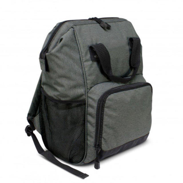 A stylish grey cooler backpack with PE foam insulation, spacious pockets, and adjustable straps for outdoor adventures.