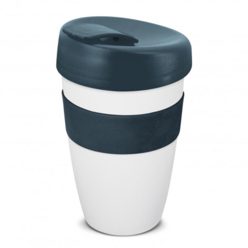 Set of 6 white and navy reusable coffee cups, 480ml, with silicone band, spill-proof lid, and shatterproof design.