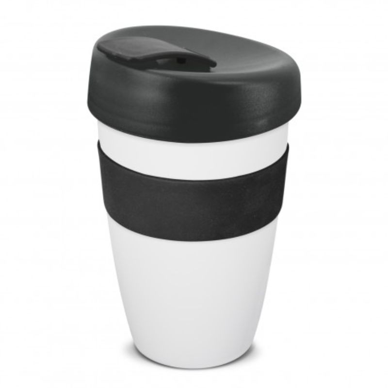 Set of 6 stylish 480ml white reusable coffee cups with black accents, silicone grip, and secure splashproof lids.