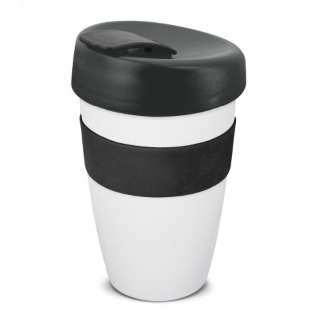 Set of 6 stylish 480ml white reusable coffee cups with black accents, silicone grip, and secure splashproof lids.