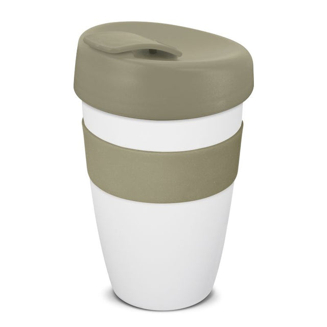 Set of 6 stylish 480ml reusable coffee cups in white and grey, featuring heat-resistant band and splash-proof lid.