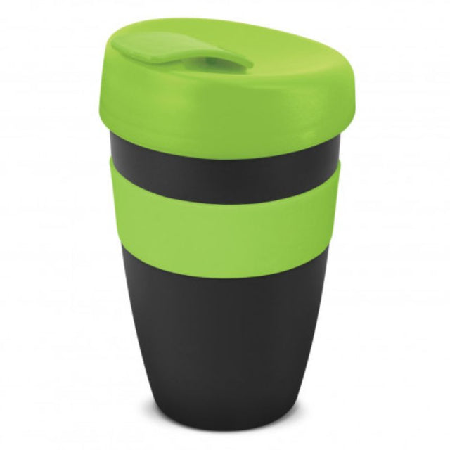 Set of 6 stylish 480ml reusable coffee cups in black with bright green accents, featuring a heat-resistant grip and spill-proof lid.