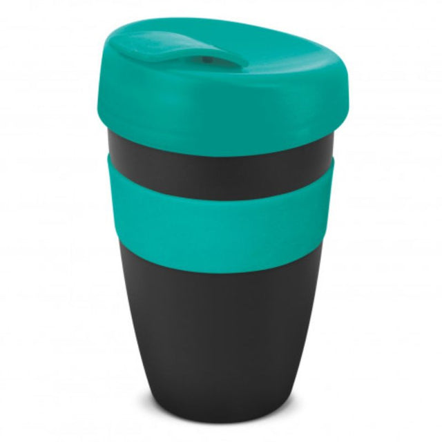 Set of 6 black 480ml reusable coffee cups with teal silicone bands and splashproof lids, perfect for on-the-go beverages.