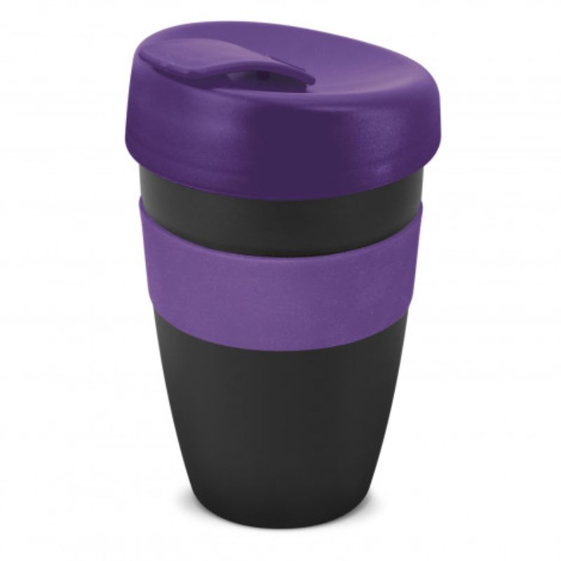 Set of 6 black and purple 480ml reusable coffee cups with silicone bands and splash-proof lids for on-the-go hydration.