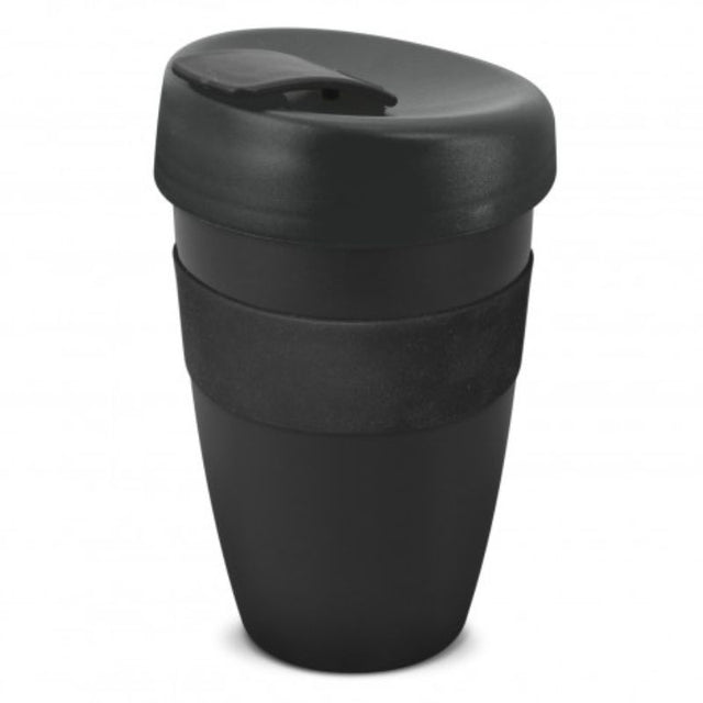 Set of 6 black 480ml reusable coffee cups with heat-resistant silicone bands and splashproof lids, made from BPA-free polypropylene.
